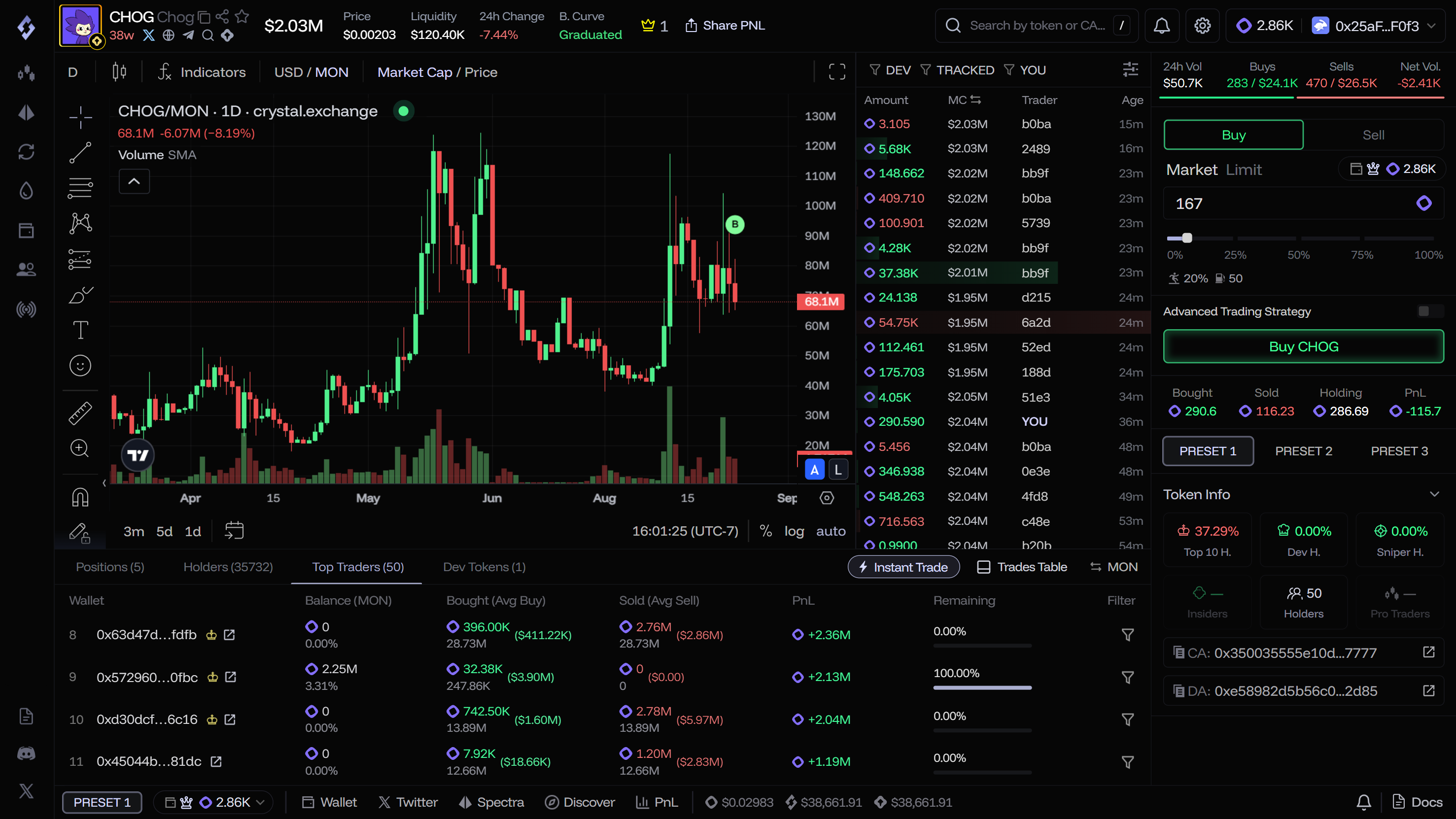 Crystal memecoin trading interface
